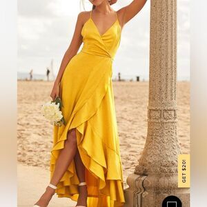 Lulu’s In Love Forever Mustard Yellow‎ Satin Lace-Up High-Low Maxi Dress XS NWT